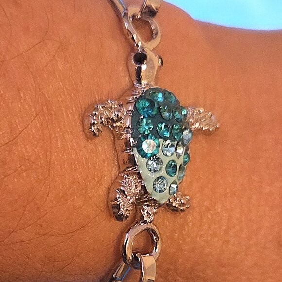 Sea Turtle Thin Wire Bangle/Hook Bracelet/Aqua Turquoise/Ocean Jewelry/NWT - Picture 3 of 9